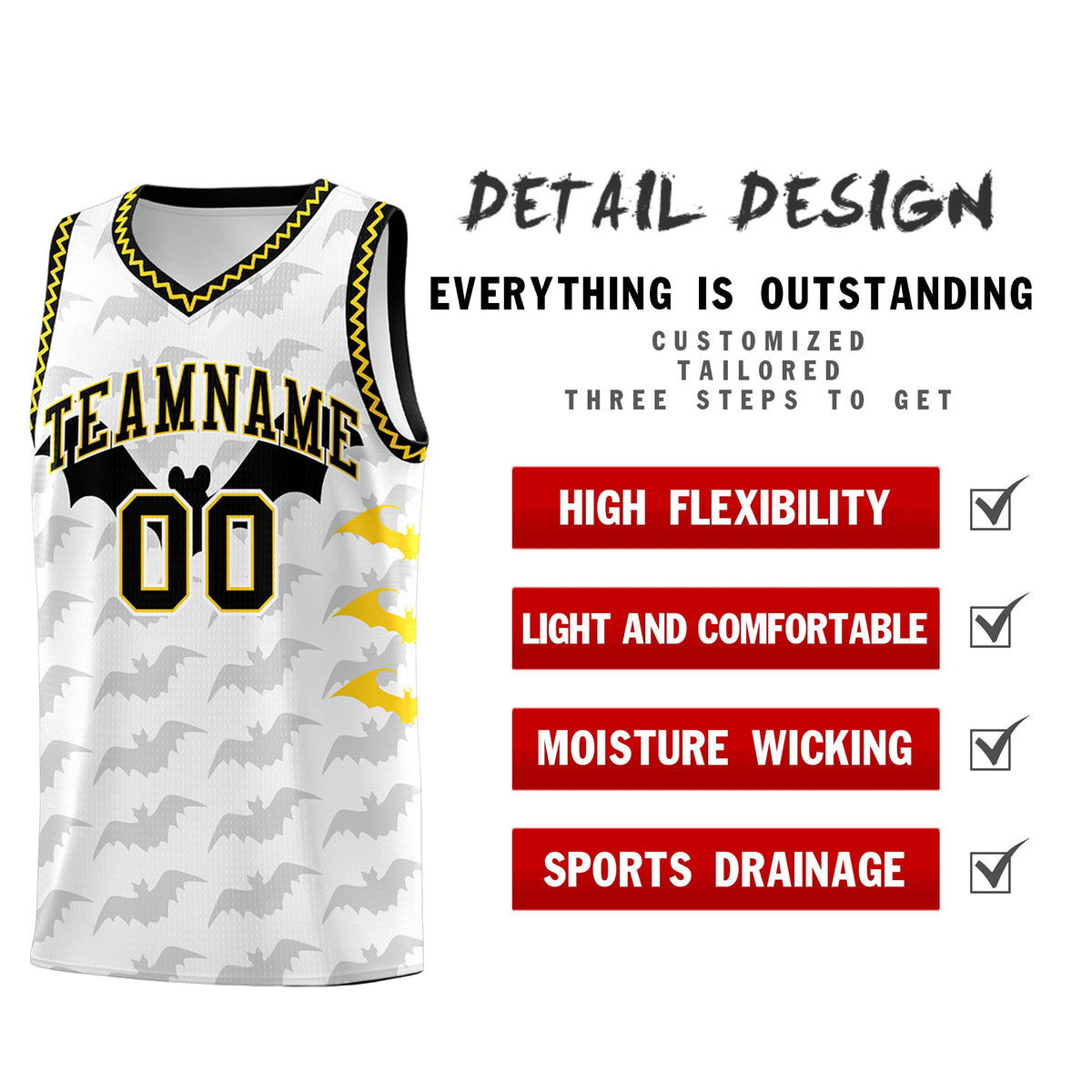 Custom White Gold Black Bat Pattern Halloween Basketball Jersey | For Men,For Kid,For Youth,Sublimation Printed,Perfect for Training,Perfect for Parties,Add Name and Numbern | KXKSHOP