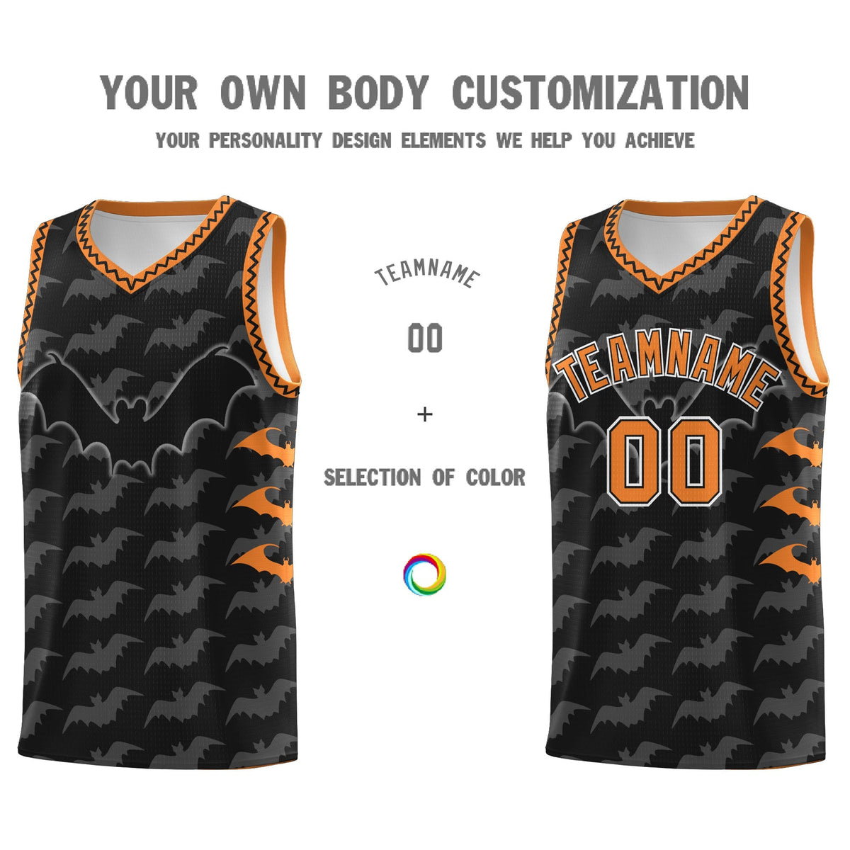 Custom Black Gold Orange Bat Pattern Halloween Basketball Jersey | For Men,For Kid,For Youth,Sublimation Printed,Perfect for Training,Perfect for Parties,Add Name and Numbern | KXKSHOP