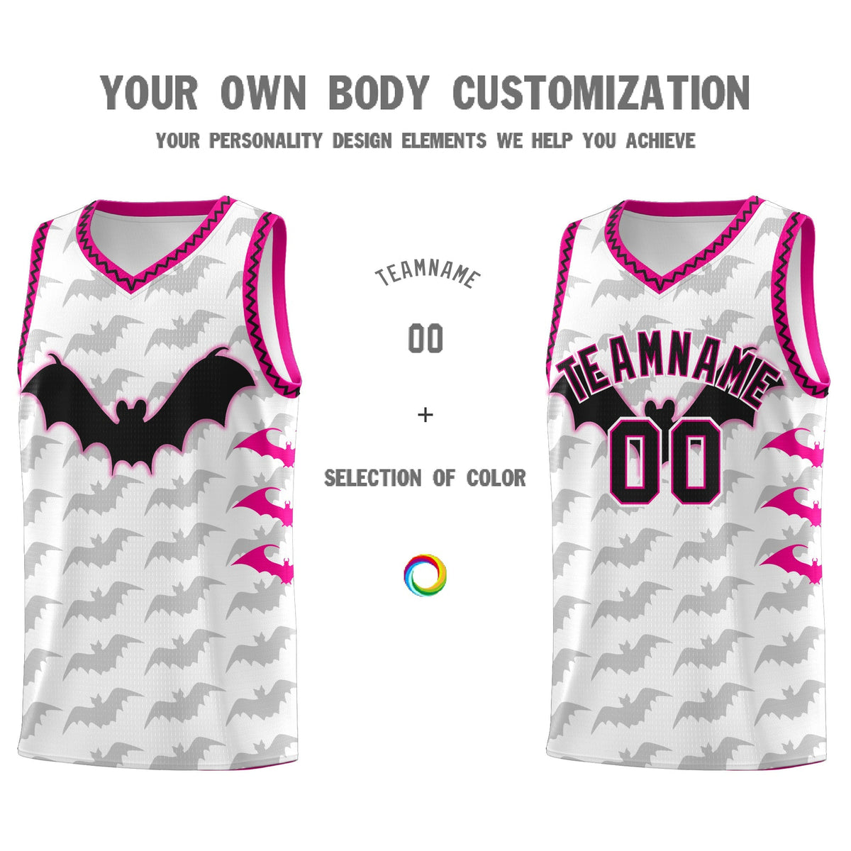 Custom White Pink Black Bat Pattern Halloween Basketball Jersey | For Men,For Kid,For Youth,Sublimation Printed,Perfect for Training,Perfect for Parties,Add Name and Numbern | KXKSHOP