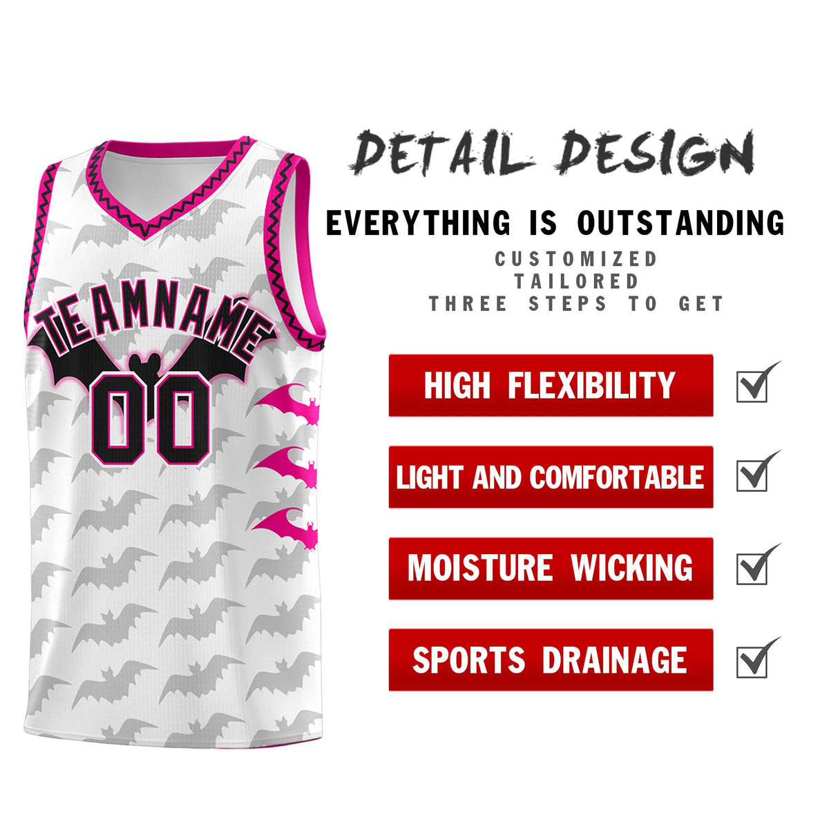 Custom White Pink Black Bat Pattern Halloween Basketball Jersey | For Men,For Kid,For Youth,Sublimation Printed,Perfect for Training,Perfect for Parties,Add Name and Numbern | KXKSHOP