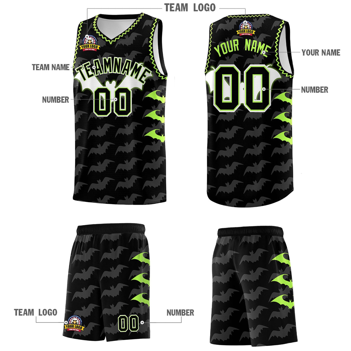 Custom Black Fluorescent Green Bat Pattern Halloween Basketball Jersey | For Men,For Kid,For Youth,Sublimation Printed,Perfect for Training,Perfect for Parties,Add Name and Numbern | KXKSHOP