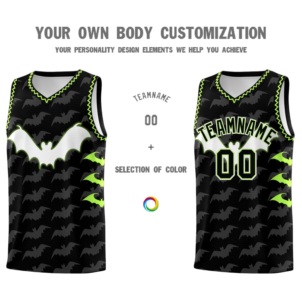 Custom Black Fluorescent Green Bat Pattern Halloween Basketball Jersey | For Men,For Kid,For Youth,Sublimation Printed,Perfect for Training,Perfect for Parties,Add Name and Numbern | KXKSHOP