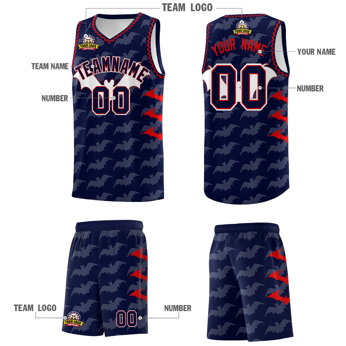 Custom Navy Red Bat Pattern Halloween Basketball Jersey | For Men,For Kid,For Youth,Sublimation Printed,Perfect for Training,Perfect for Parties,Add Name and Numbern | KXKSHOP