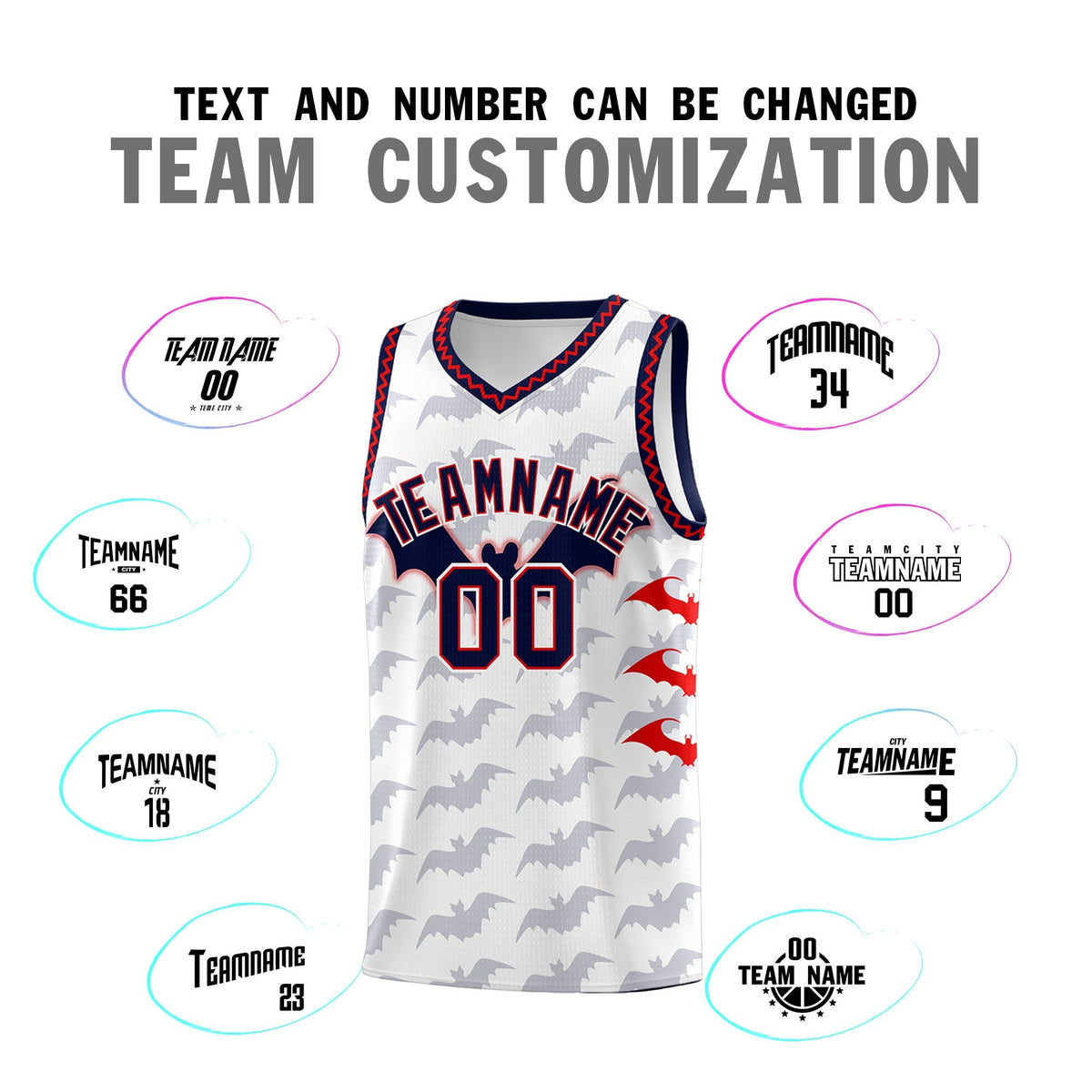 Custom White Red Navy Bat Pattern Halloween Basketball Jersey | For Men,For Kid,For Youth,Sublimation Printed,Perfect for Training,Perfect for Parties,Add Name and Numbern | KXKSHOP