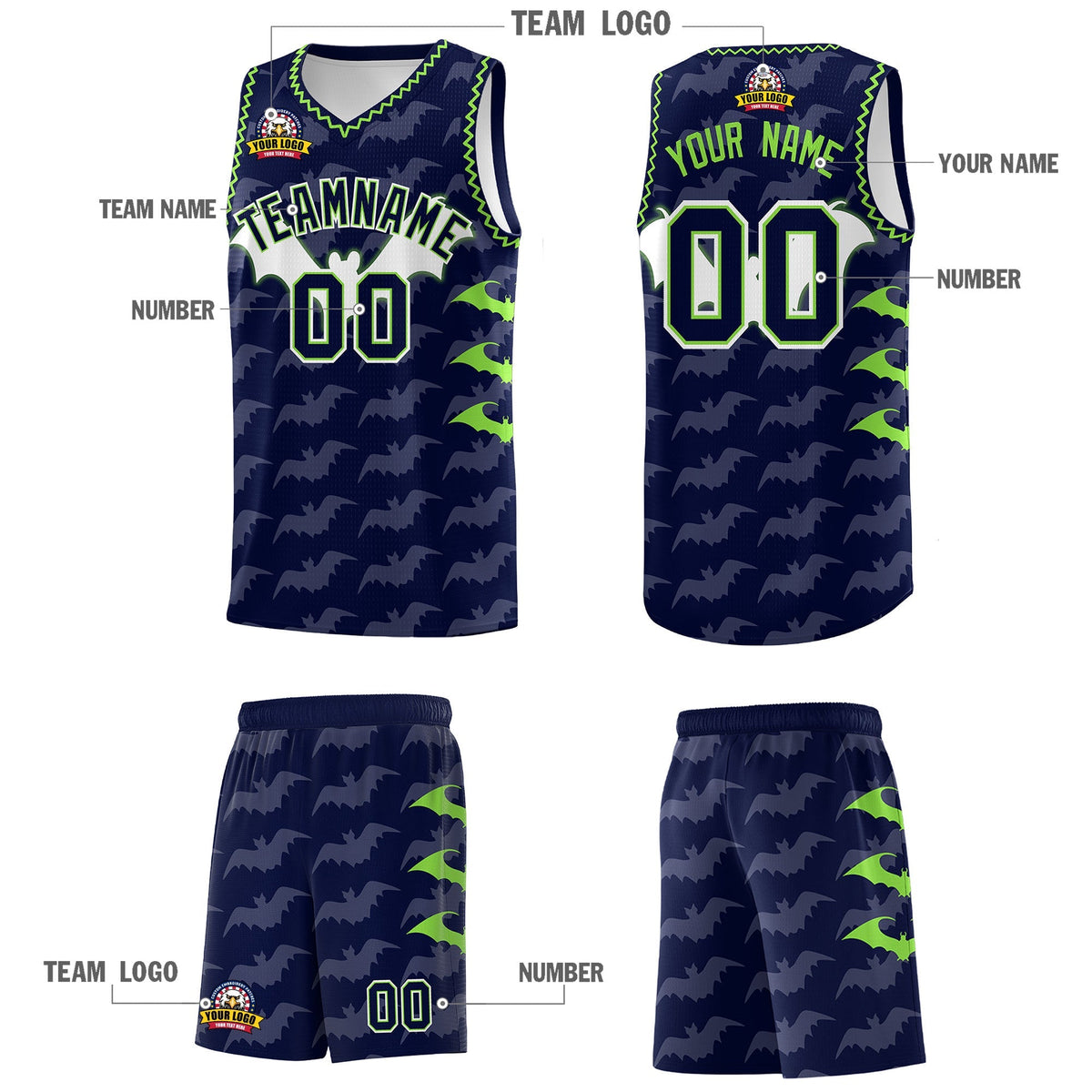 Custom Navy Fluorescent Green Bat Pattern Halloween Basketball Jersey | For Men,For Kid,For Youth,Sublimation Printed,Perfect for Training,Perfect for Parties,Add Name and Numbern | KXKSHOP