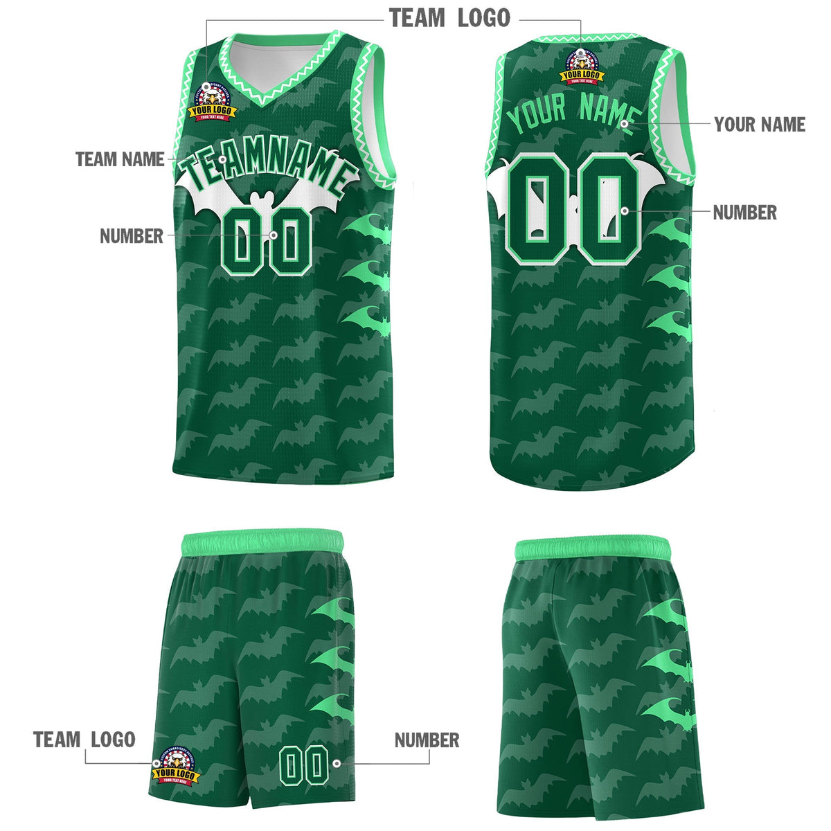 Custom Kelly Green White Green Bat Pattern Halloween Basketball Jersey | For Men,For Kid,For Youth,Sublimation Printed,Perfect for Training,Perfect for Parties,Add Name and Numbern | KXKSHOP