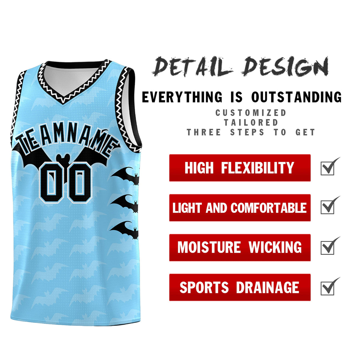 Custom Light Blue White Black Bat Pattern Halloween Basketball Jersey | For Men,For Kid,For Youth,Sublimation Printed,Perfect for Training,Perfect for Parties,Add Name and Numbern | KXKSHOP