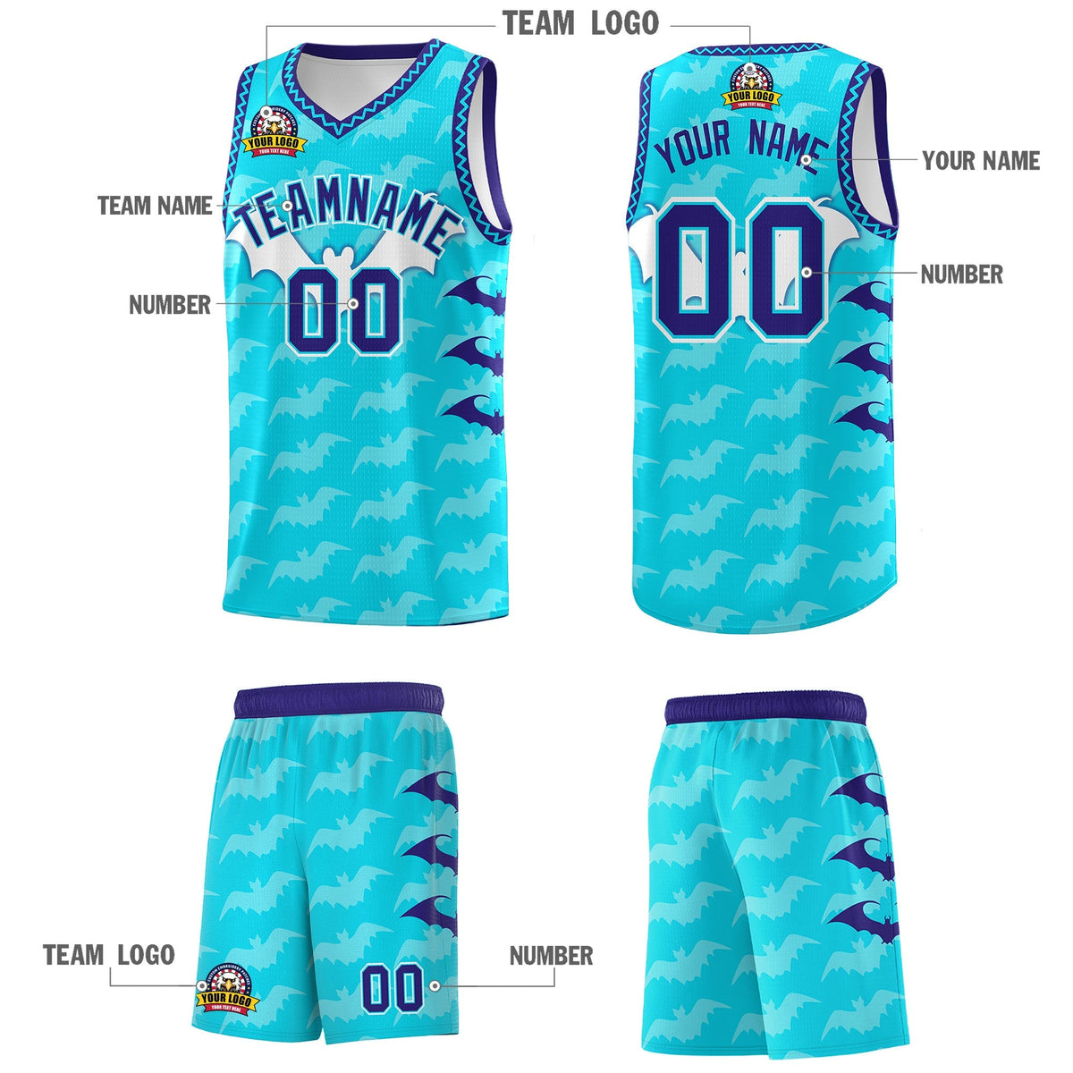 Custom Sky Blue Bat Pattern Halloween Basketball Jersey | For Men,For Kid,For Youth,Sublimation Printed,Perfect for Training,Perfect for Parties,Add Name and Numbern | KXKSHOP