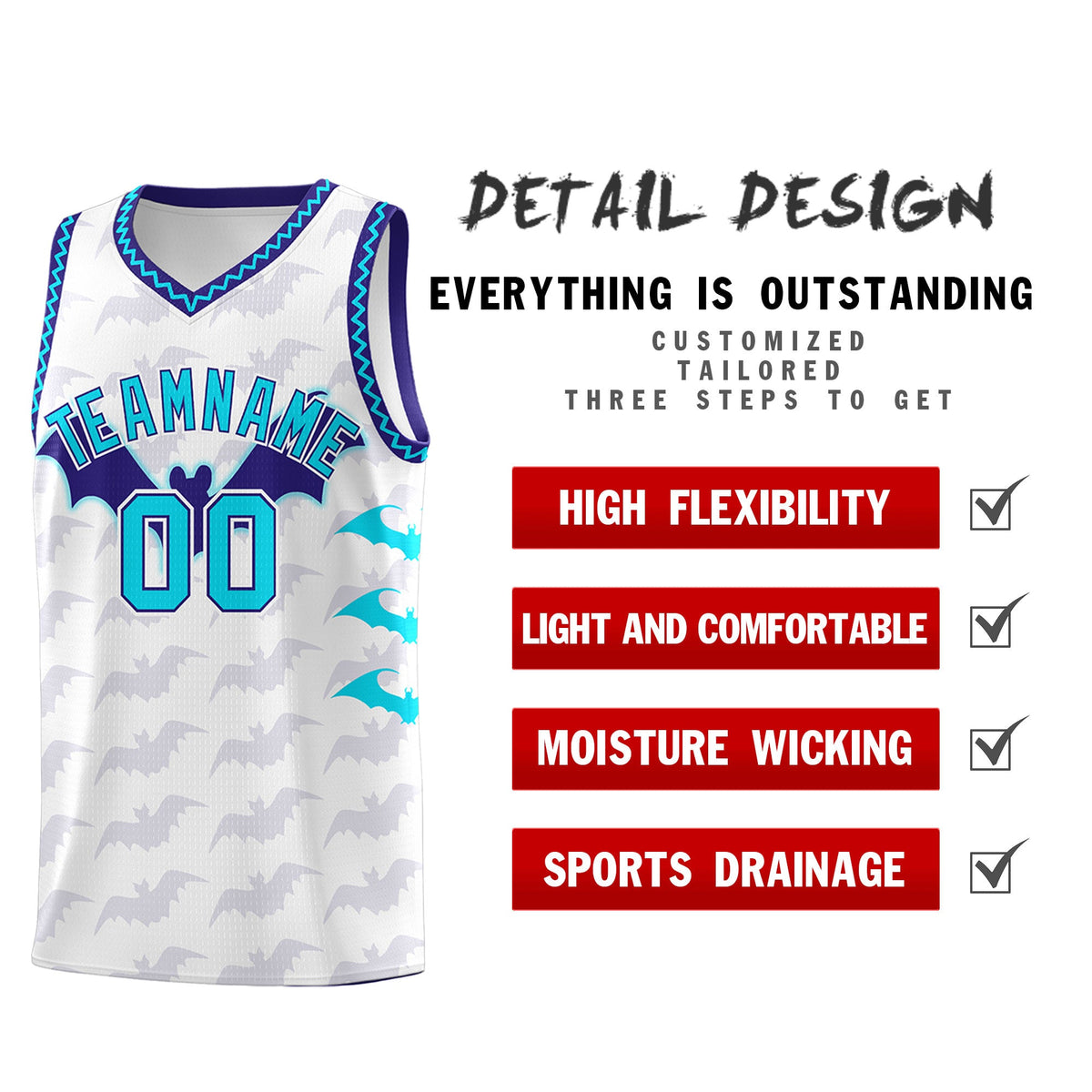 Custom White Sky Blue Bat Pattern Halloween Basketball Jersey | For Men,For Kid,For Youth,Sublimation Printed,Perfect for Training,Perfect for Parties,Add Name and Numbern | KXKSHOP