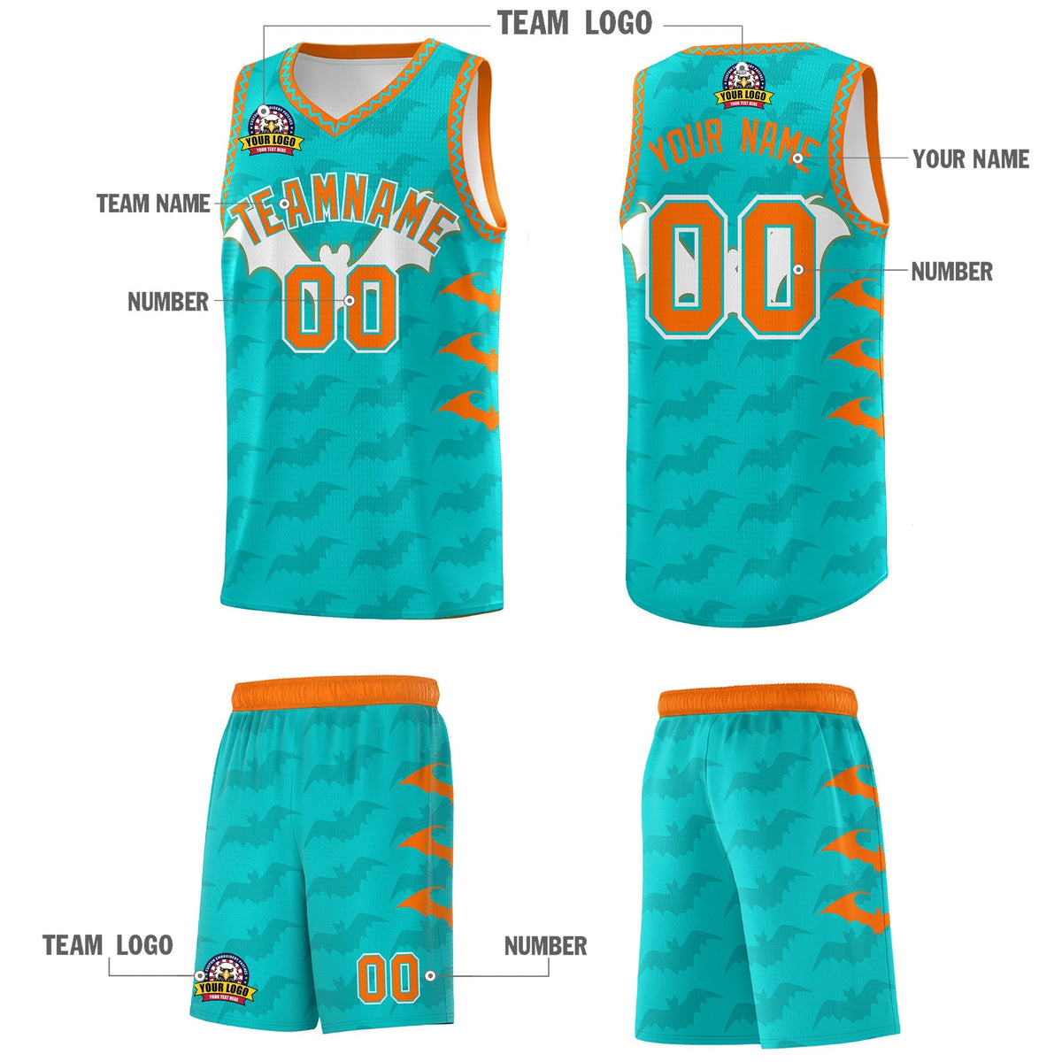 Custom Aqua Orange Bat Pattern Halloween Basketball Jersey | For Men,For Kid,For Youth,Sublimation Printed,Perfect for Training,Perfect for Parties,Add Name and Numbern | KXKSHOP