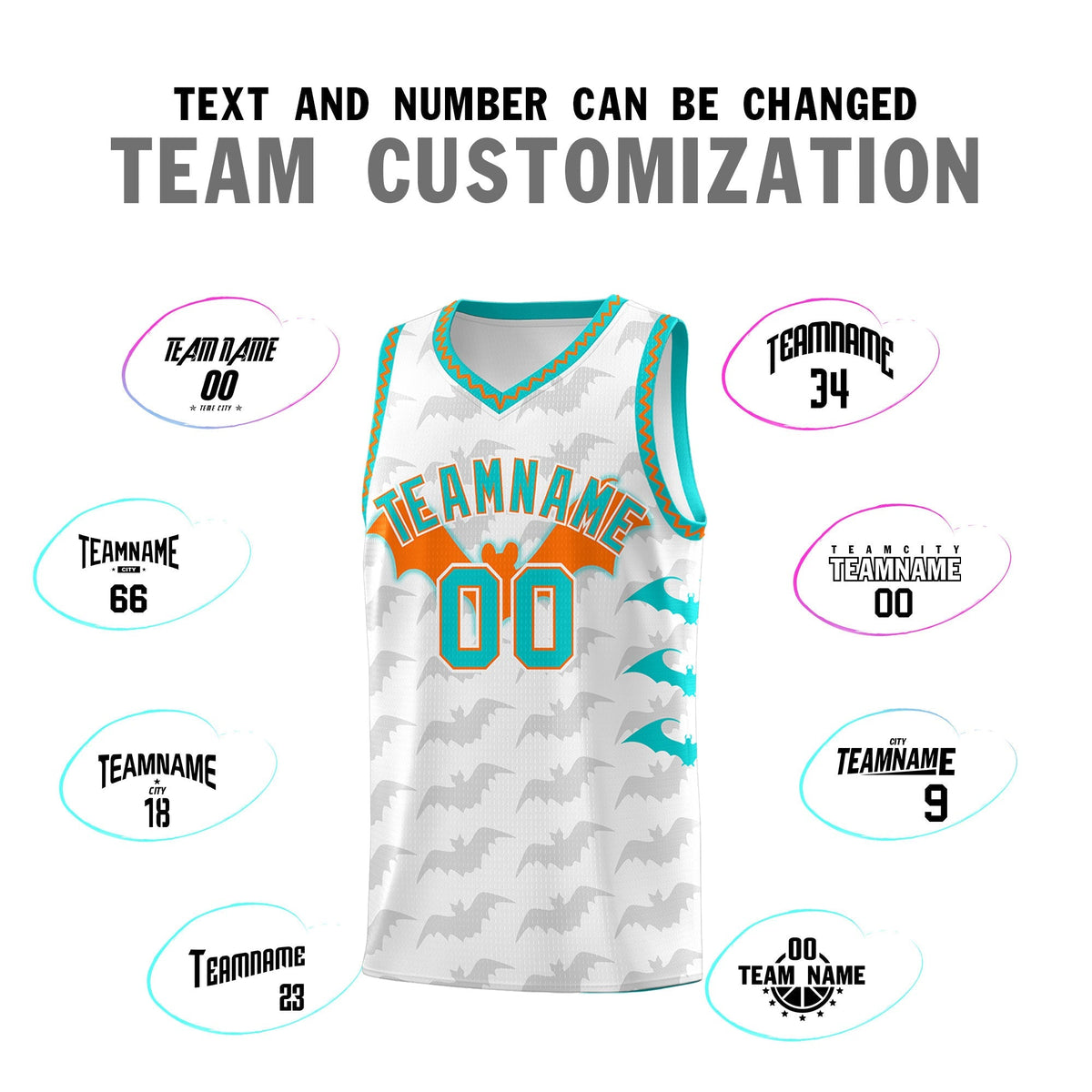 Custom White Orange Aqua Bat Pattern Halloween Basketball Jersey | For Men,For Kid,For Youth,Sublimation Printed,Perfect for Training,Perfect for Parties,Add Name and Numbern | KXKSHOP