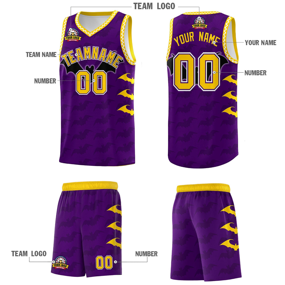 Custom Purple Gold White Bat Pattern Halloween Basketball Jersey | For Men,For Kid,For Youth,Sublimation Printed,Perfect for Training,Perfect for Parties,Add Name and Numbern | KXKSHOP