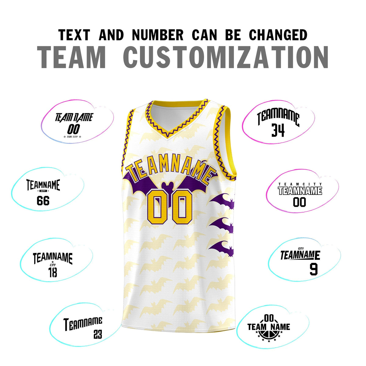 Custom White Purple Gold Bat Pattern Halloween Basketball Jersey | For Men,For Kid,For Youth,Sublimation Printed,Perfect for Training,Perfect for Parties,Add Name and Numbern | KXKSHOP