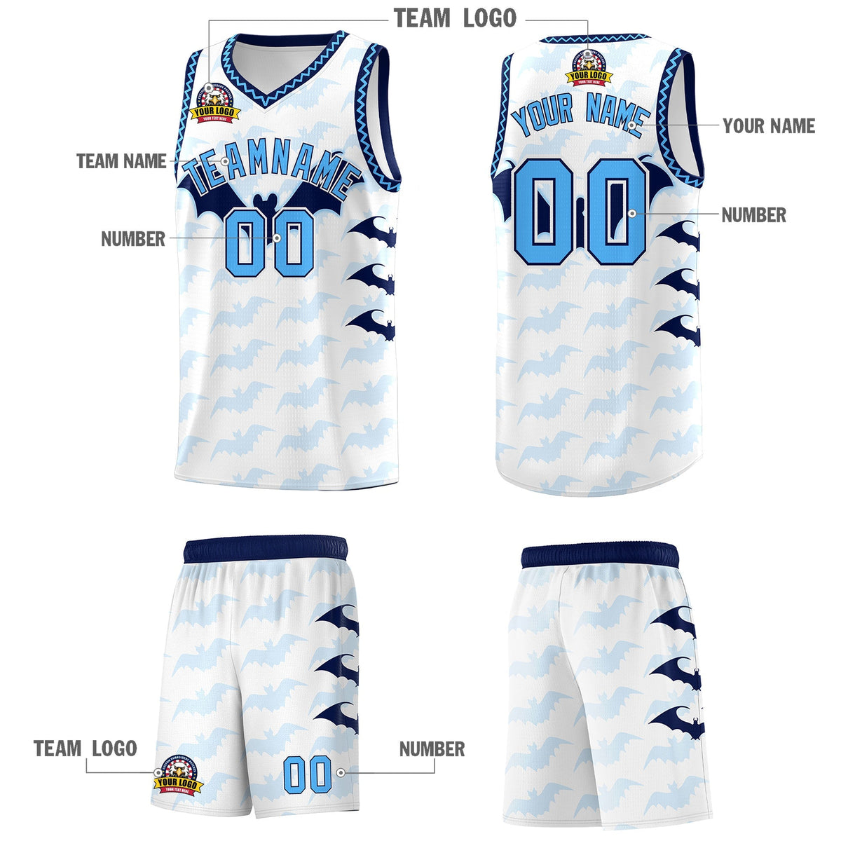 Custom White Powder Blue Bat Pattern Halloween Basketball Jersey | For Men,For Kid,For Youth,Sublimation Printed,Perfect for Training,Perfect for Parties,Add Name and Numbern | KXKSHOP