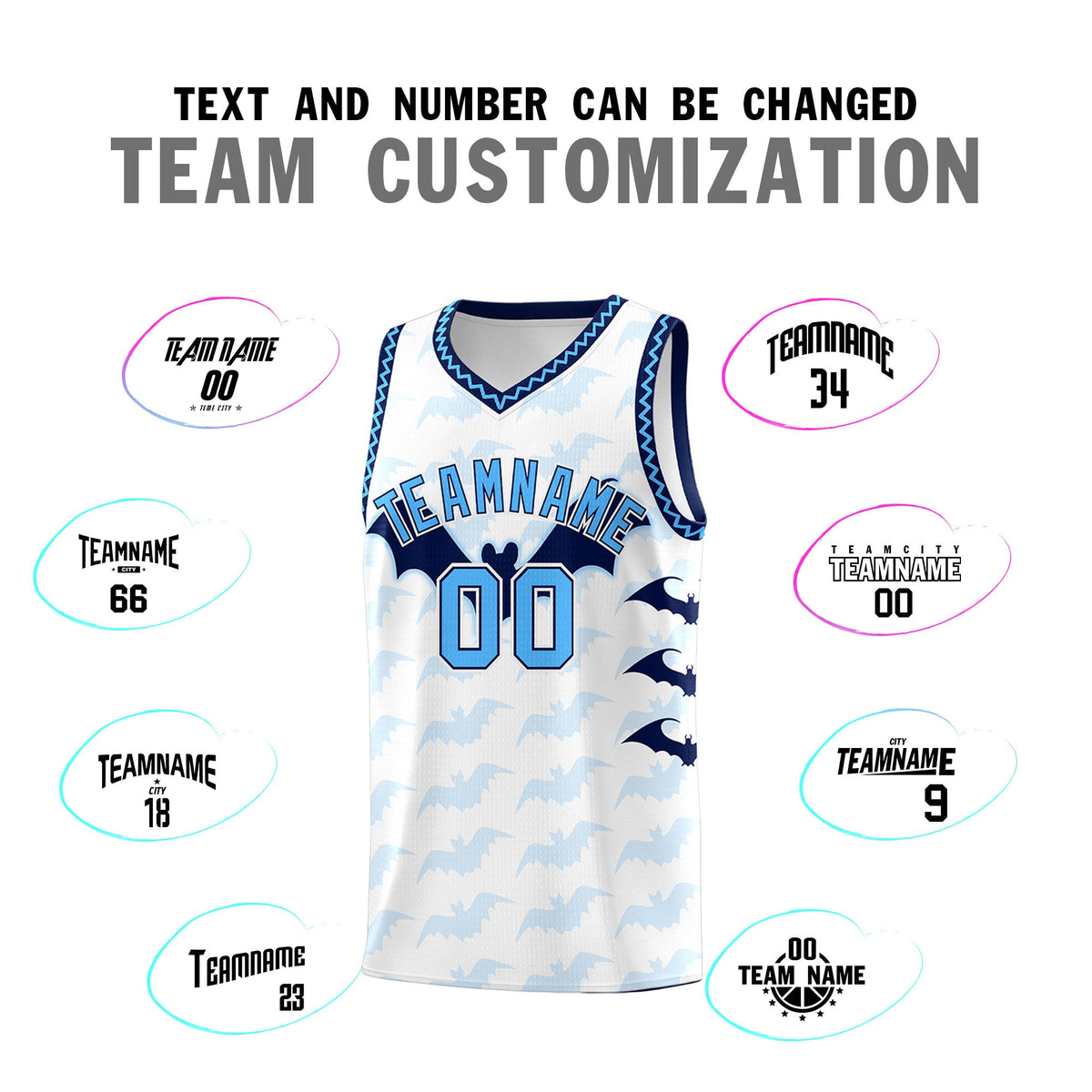 Custom White Powder Blue Bat Pattern Halloween Basketball Jersey | For Men,For Kid,For Youth,Sublimation Printed,Perfect for Training,Perfect for Parties,Add Name and Numbern | KXKSHOP