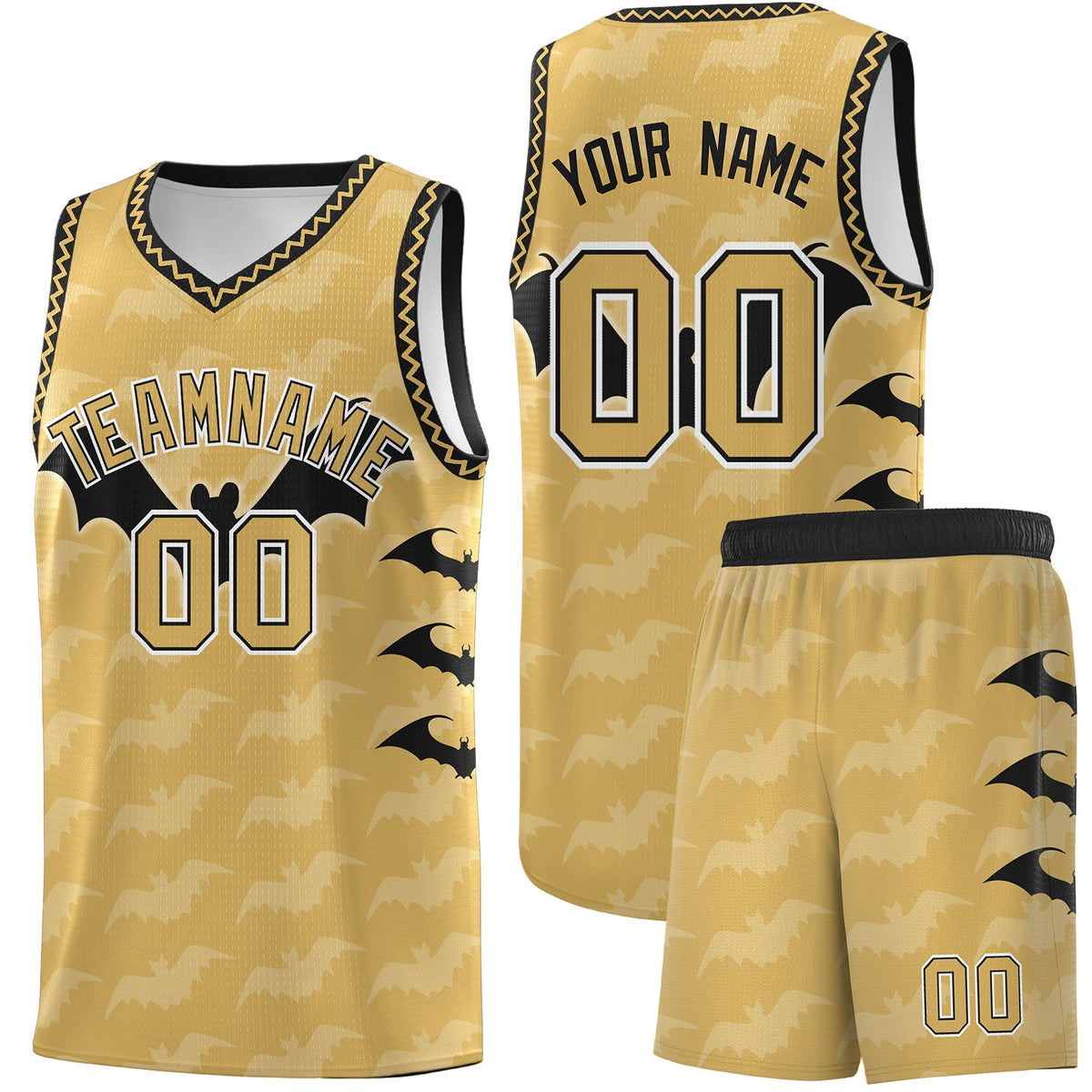 Custom Old Gold Black White Bat Pattern Halloween Basketball Jersey | For Men,For Kid,For Youth,Sublimation Printed,Perfect for Training,Perfect for Parties,Add Name and Numbern | KXKSHOP