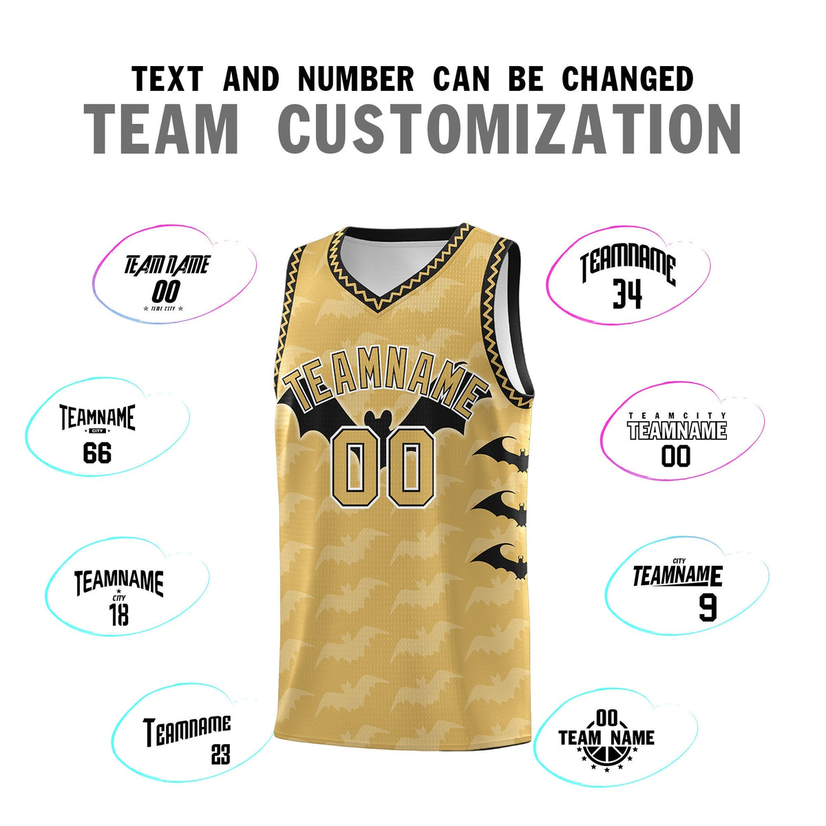 Custom Old Gold Black White Bat Pattern Halloween Basketball Jersey | For Men,For Kid,For Youth,Sublimation Printed,Perfect for Training,Perfect for Parties,Add Name and Numbern | KXKSHOP