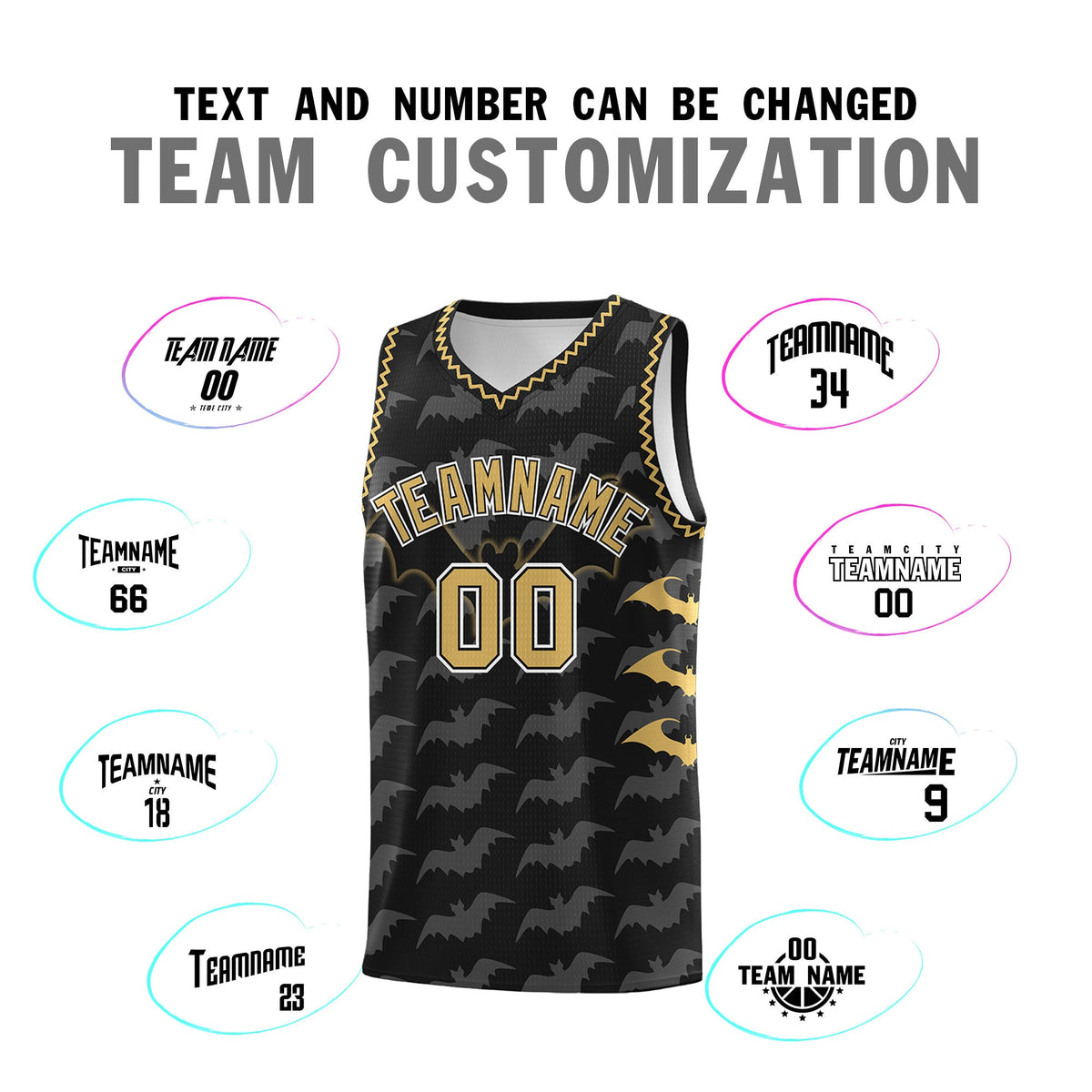 Custom Black Old Gold White Bat Pattern Halloween Basketball Jersey | For Men,For Kid,For Youth,Sublimation Printed,Perfect for Training,Perfect for Parties,Add Name and Numbern | KXKSHOP