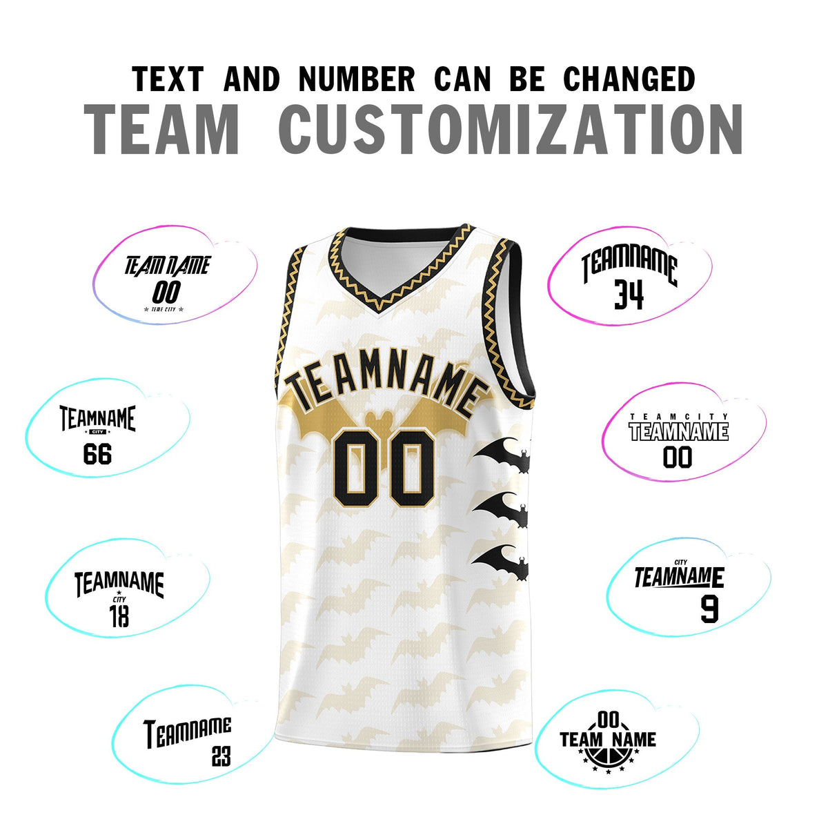 Custom White Old Gold Bat Pattern Halloween Basketball Jersey | For Men,For Kid,For Youth,Sublimation Printed,Perfect for Training,Perfect for Parties,Add Name and Numbern | KXKSHOP