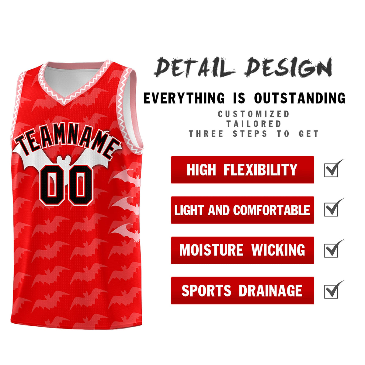 Custom Light Red White Bat Pattern Halloween Basketball Jersey | For Men,For Kid,For Youth,Sublimation Printed,Perfect for Training,Perfect for Parties,Add Name and Numbern | KXKSHOP