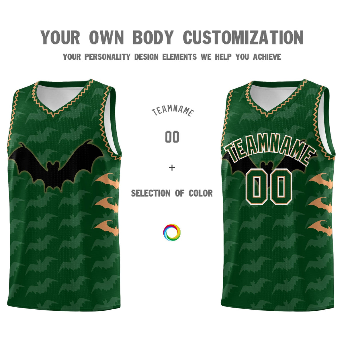 Custom Green Buckskin Brown Bat Pattern Halloween Basketball Jersey | For Men,For Kid,For Youth,Sublimation Printed,Perfect for Training,Perfect for Parties,Add Name and Numbern | KXKSHOP