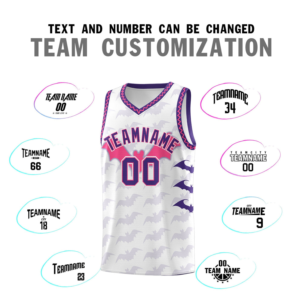 Custom White Pink Purple Bat Pattern Halloween Basketball Jersey | For Men,For Kid,For Youth,Sublimation Printed,Perfect for Training,Perfect for Parties,Add Name and Numbern | KXKSHOP