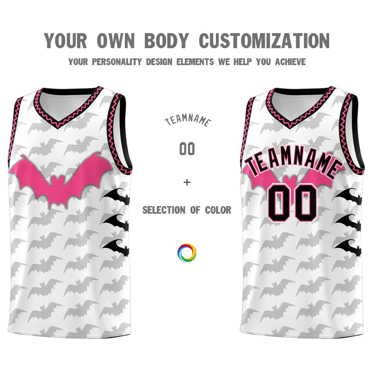 Custom White Black Pink Bat Pattern Halloween Basketball Jersey | For Men,For Kid,For Youth,Sublimation Printed,Perfect for Training,Perfect for Parties,Add Name and Numbern | KXKSHOP