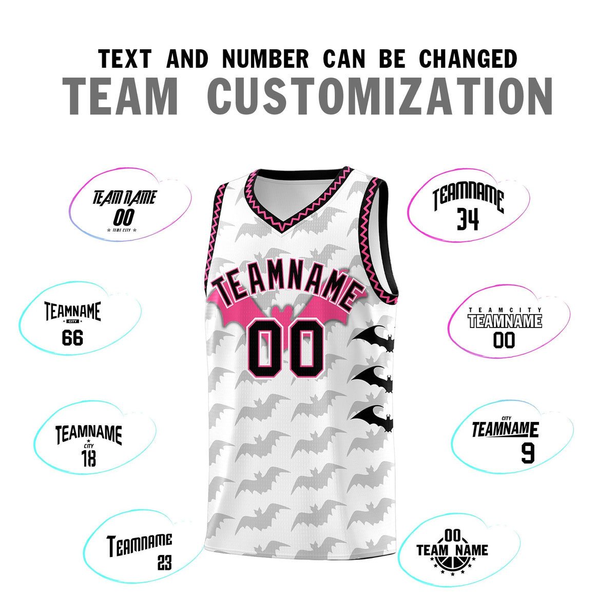 Custom White Black Pink Bat Pattern Halloween Basketball Jersey | For Men,For Kid,For Youth,Sublimation Printed,Perfect for Training,Perfect for Parties,Add Name and Numbern | KXKSHOP