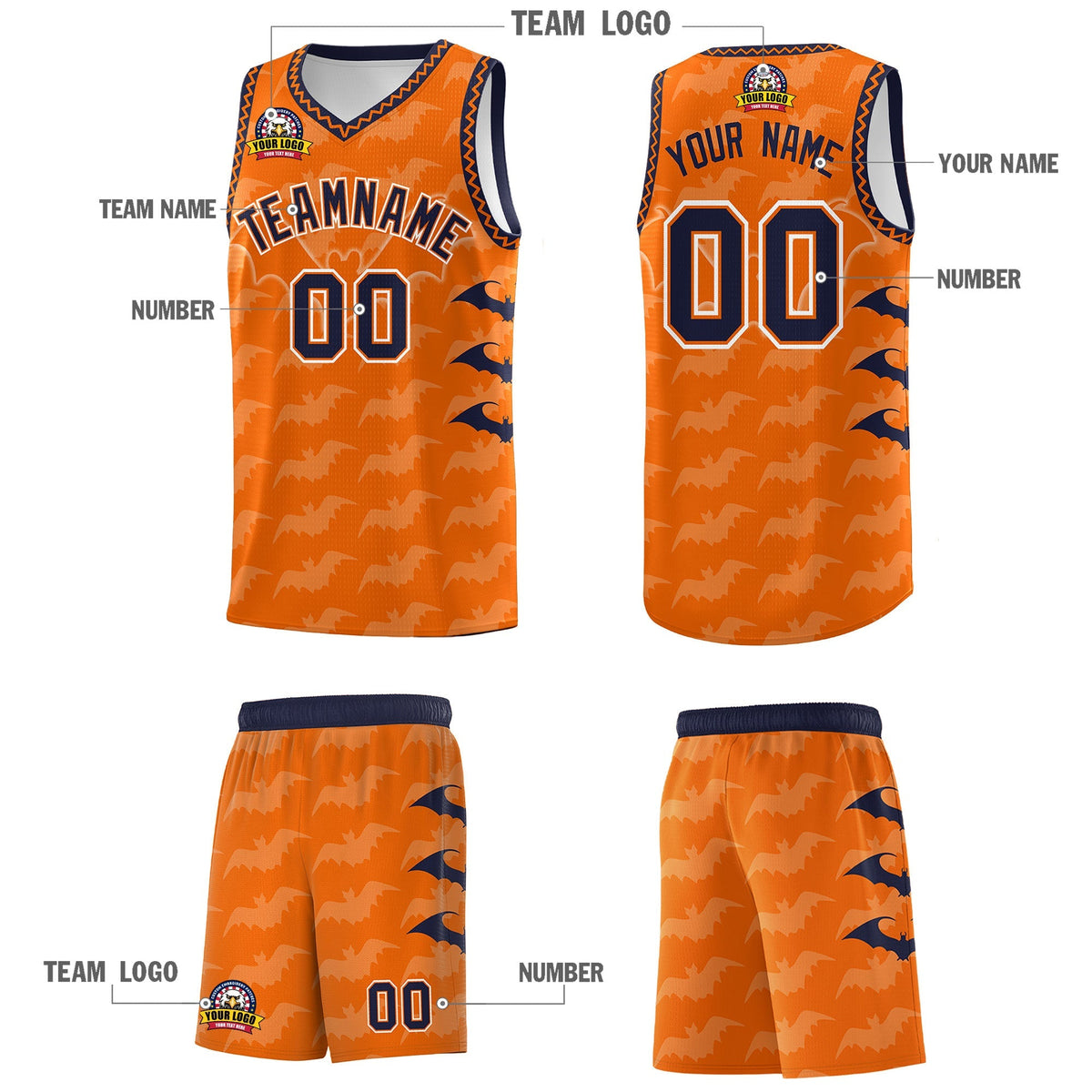 Custom Orange Navy White Bat Pattern Halloween Basketball Jersey | For Men,For Kid,For Youth,Sublimation Printed,Perfect for Training,Perfect for Parties,Add Name and Numbern | KXKSHOP