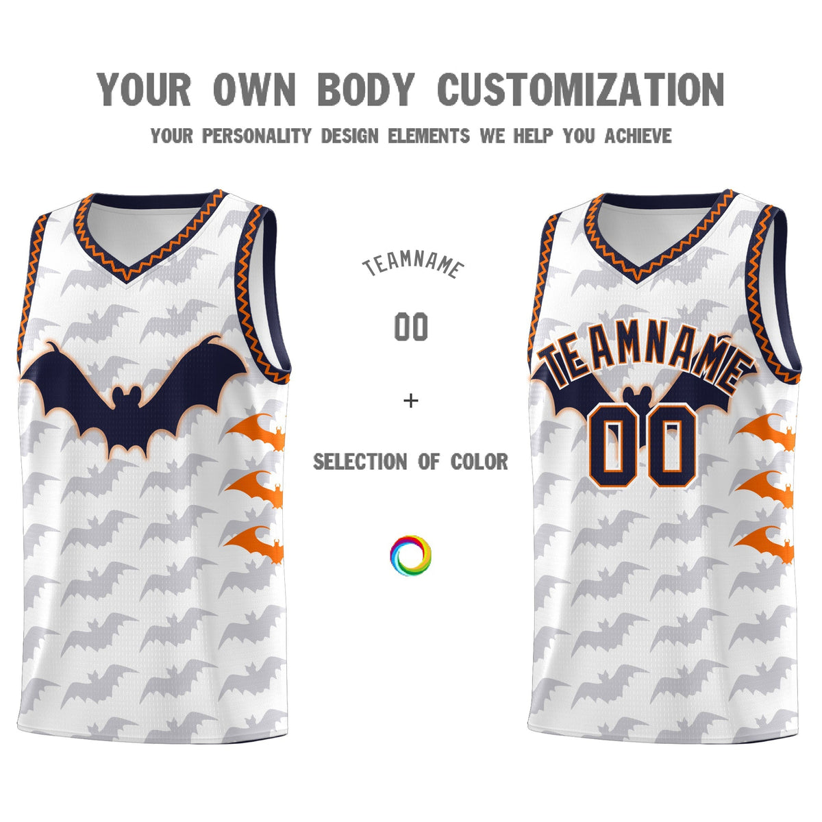 Custom White Orange Navy Bat Pattern Halloween Basketball Jersey | For Men,For Kid,For Youth,Sublimation Printed,Perfect for Training,Perfect for Parties,Add Name and Numbern | KXKSHOP