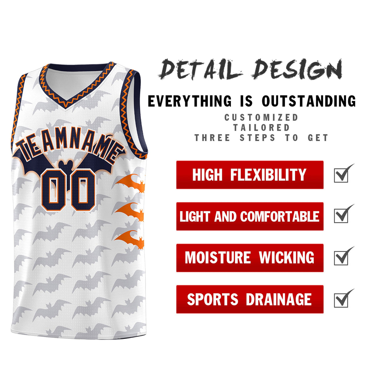 Custom White Orange Navy Bat Pattern Halloween Basketball Jersey | For Men,For Kid,For Youth,Sublimation Printed,Perfect for Training,Perfect for Parties,Add Name and Numbern | KXKSHOP