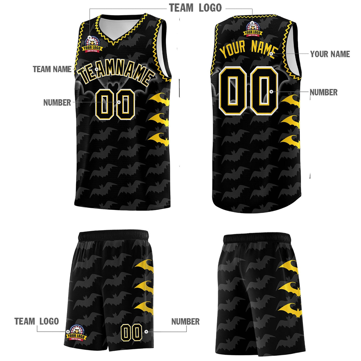Custom Black Gold Bat Pattern Halloween Basketball Jersey | For Men,For Kid,For Youth,Sublimation Printed,Perfect for Training,Perfect for Parties,Add Name and Numbern | KXKSHOP