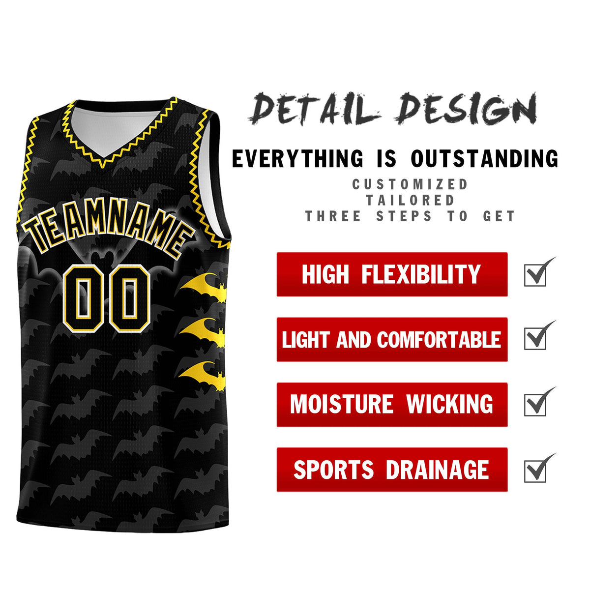 Custom Black Gold Bat Pattern Halloween Basketball Jersey | For Men,For Kid,For Youth,Sublimation Printed,Perfect for Training,Perfect for Parties,Add Name and Numbern | KXKSHOP