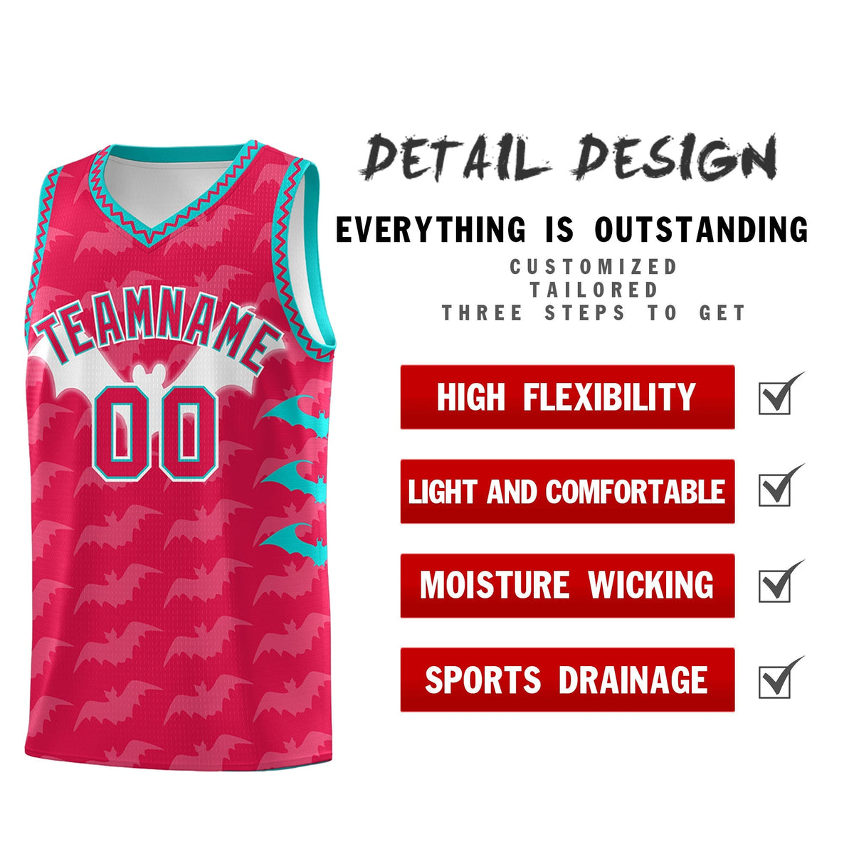 Custom Red White Aqua Bat Pattern Halloween Basketball Jersey | For Men,For Kid,For Youth,Sublimation Printed,Perfect for Training,Perfect for Parties,Add Name and Numbern | KXKSHOP