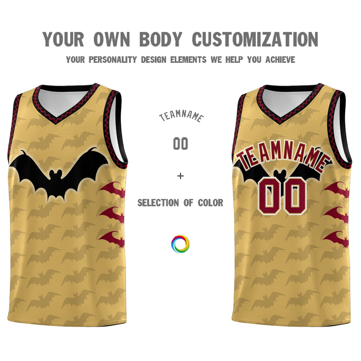 Custom Old Gold Crimson Bat Pattern Halloween Basketball Jersey | For Men,For Kid,For Youth,Sublimation Printed,Perfect for Training,Perfect for Parties,Add Name and Numbern | KXKSHOP