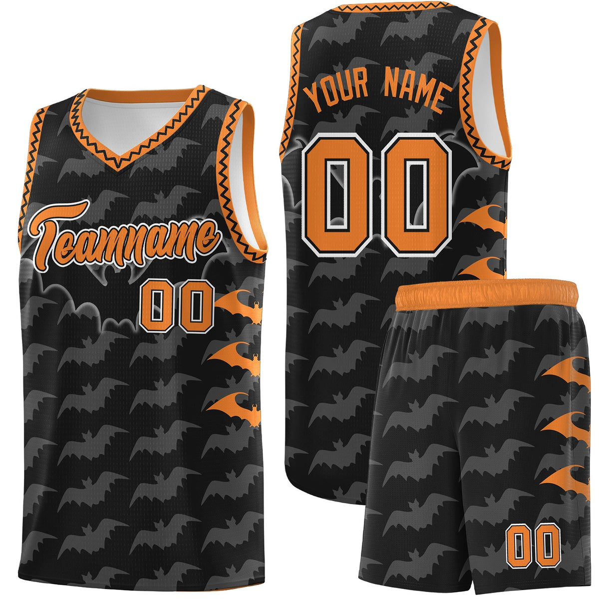 Custom Black Gold Orange Bat Pattern Halloween Basketball Jersey | For Men,For Kid,For Youth,Sublimation Printed,Perfect for Training,Perfect for Parties,Add Name and Numbern | KXKSHOP