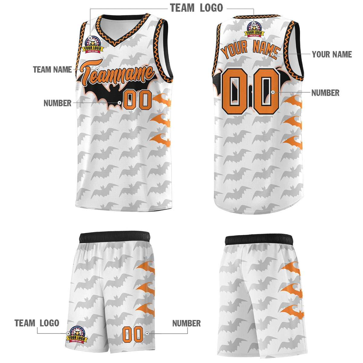 Custom White Black Bat Pattern Halloween Basketball Jersey | For Men,For Kid,For Youth,Sublimation Printed,Perfect for Training,Perfect for Parties,Add Name and Numbern | KXKSHOP