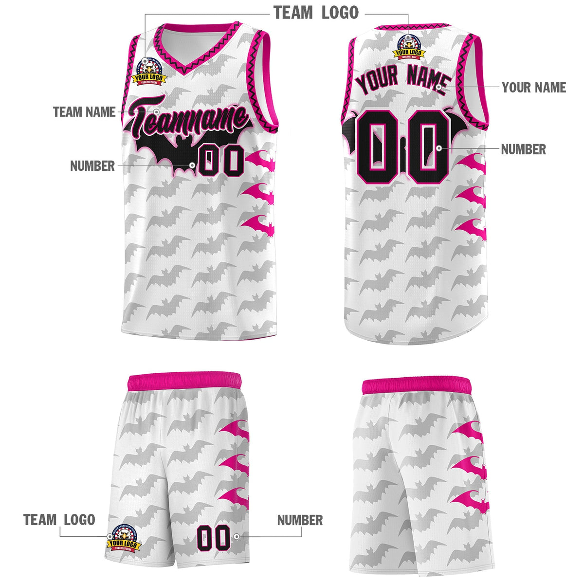 Custom White Pink Black Bat Pattern Halloween Basketball Jersey | For Men,For Kid,For Youth,Sublimation Printed,Perfect for Training,Perfect for Parties,Add Name and Numbern | KXKSHOP