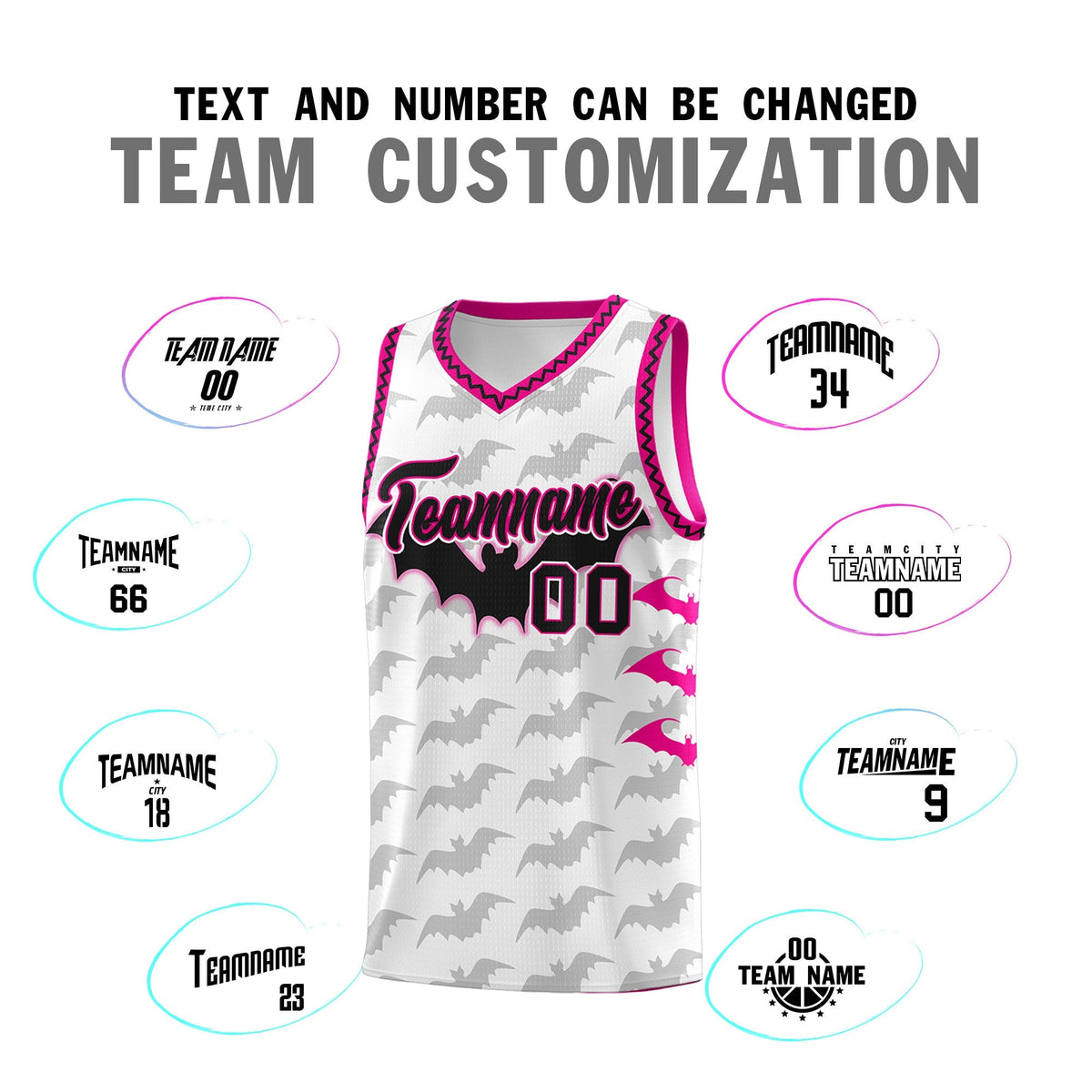 Custom White Pink Black Bat Pattern Halloween Basketball Jersey | For Men,For Kid,For Youth,Sublimation Printed,Perfect for Training,Perfect for Parties,Add Name and Numbern | KXKSHOP