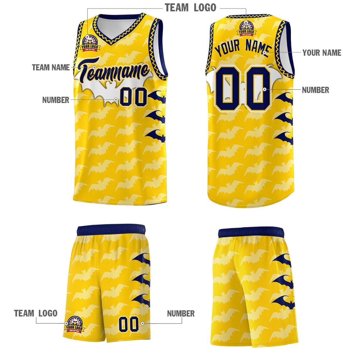 Custom Gold White Navy Bat Pattern Halloween Basketball Jersey | For Men,For Kid,For Youth,Sublimation Printed,Perfect for Training,Perfect for Parties,Add Name and Numbern | KXKSHOP