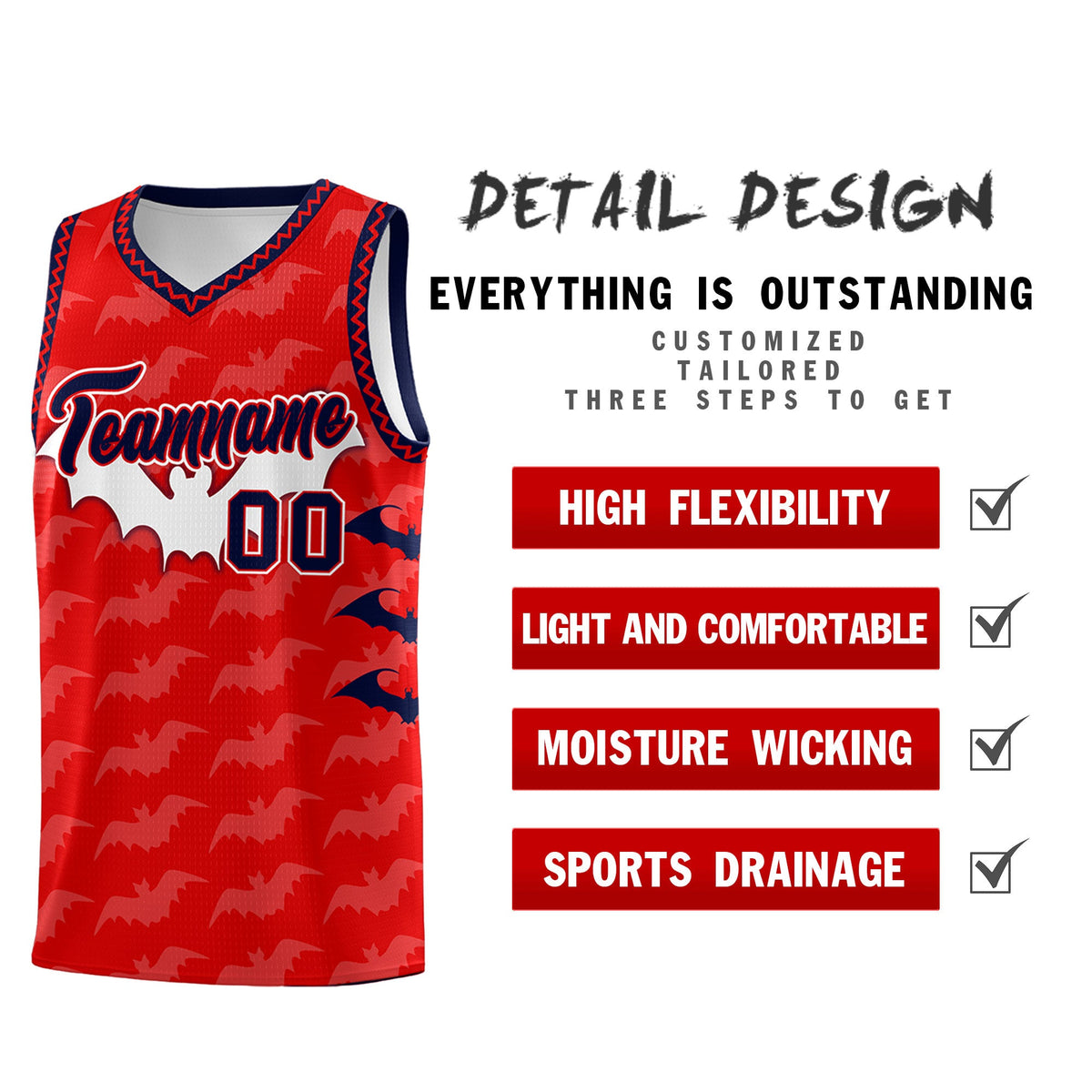 Custom Red White Navy Bat Pattern Halloween Basketball Jersey | For Men,For Kid,For Youth,Sublimation Printed,Perfect for Training,Perfect for Parties,Add Name and Numbern | KXKSHOP