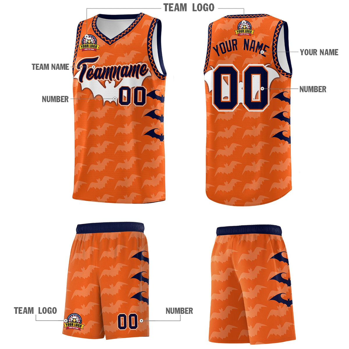Custom Orange Navy Bat Pattern Halloween Basketball Jersey | For Men,For Kid,For Youth,Sublimation Printed,Perfect for Training,Perfect for Parties,Add Name and Numbern | KXKSHOP
