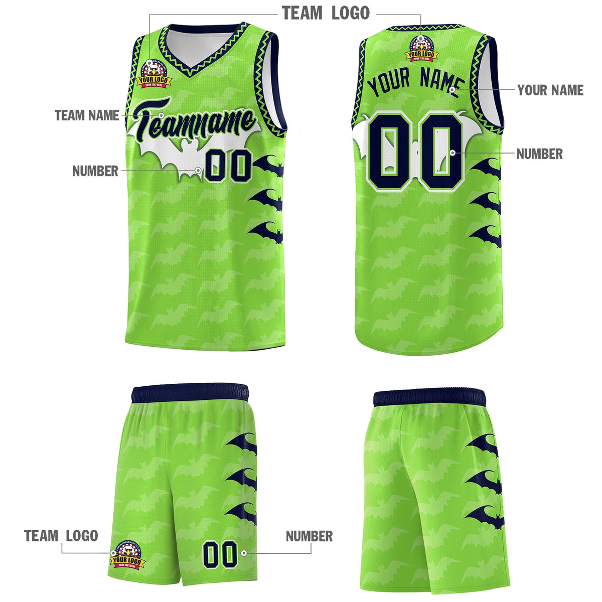 Custom Fluorescent Green Bat Pattern Halloween Basketball Jersey | For Men,For Kid,For Youth,Sublimation Printed,Perfect for Training,Perfect for Parties,Add Name and Numbern | KXKSHOP