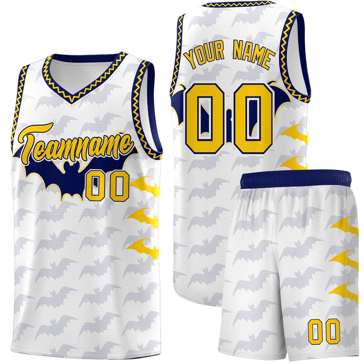 Custom White Gold Navy Bat Pattern Halloween Basketball Jersey | For Men,For Kid,For Youth,Sublimation Printed,Perfect for Training,Perfect for Parties,Add Name and Numbern | KXKSHOP