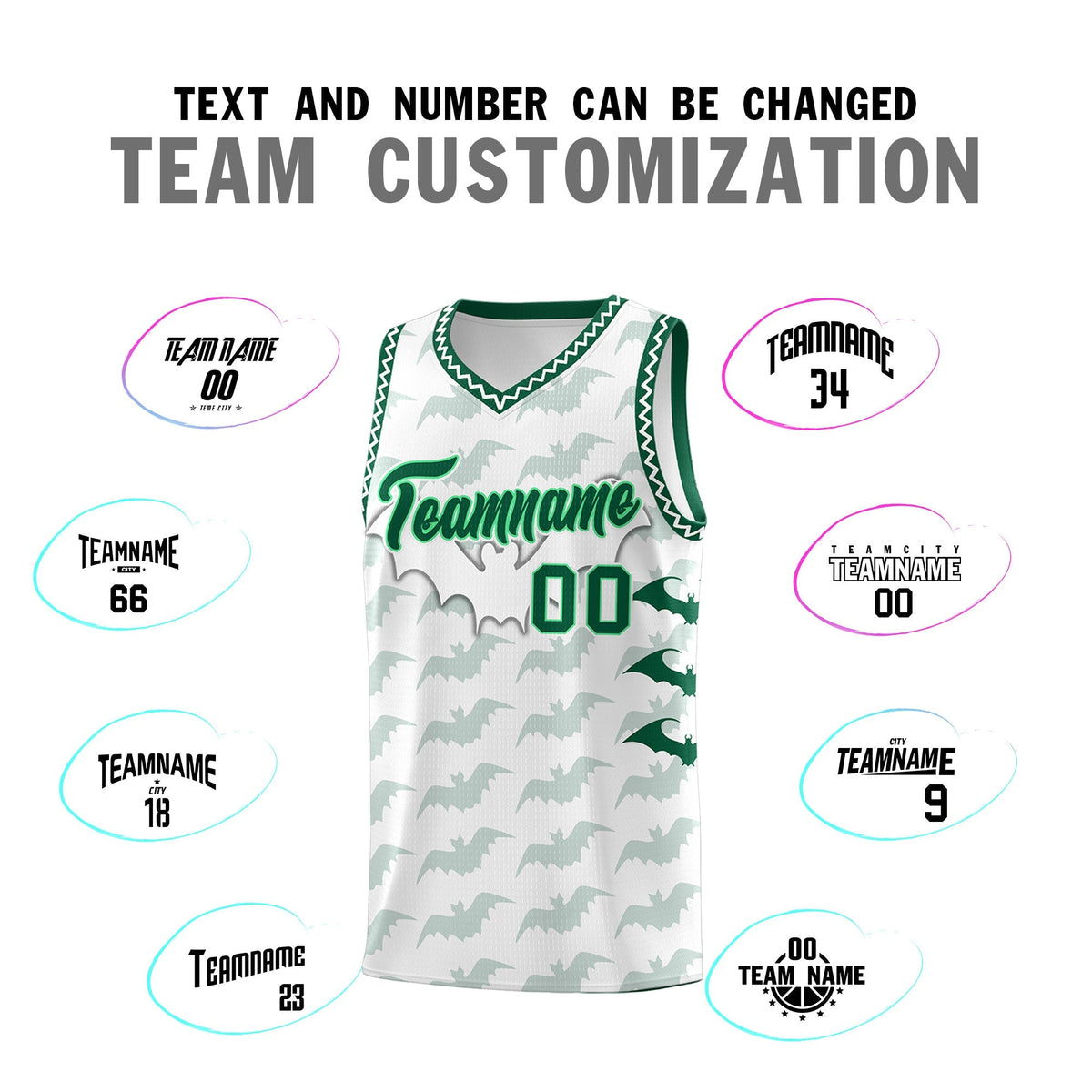 Custom White Kelly Green Bat Pattern Halloween Basketball Jersey | For Men,For Kid,For Youth,Sublimation Printed,Perfect for Training,Perfect for Parties,Add Name and Numbern | KXKSHOP