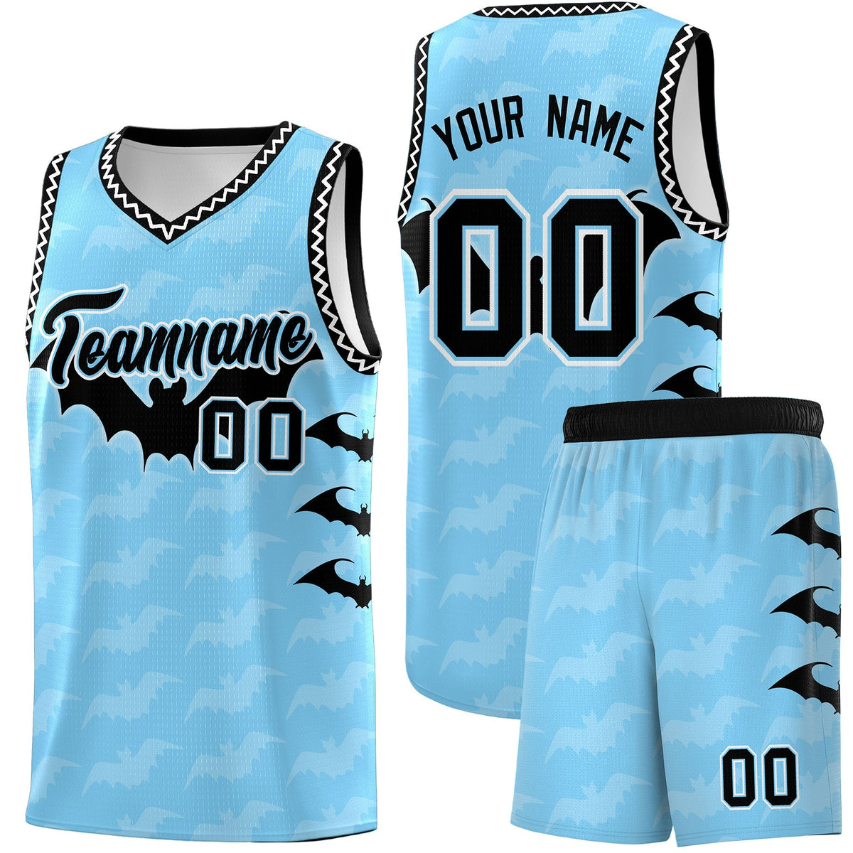 Custom Light Blue White Black Bat Pattern Halloween Basketball Jersey | For Men,For Kid,For Youth,Sublimation Printed,Perfect for Training,Perfect for Parties,Add Name and Numbern | KXKSHOP
