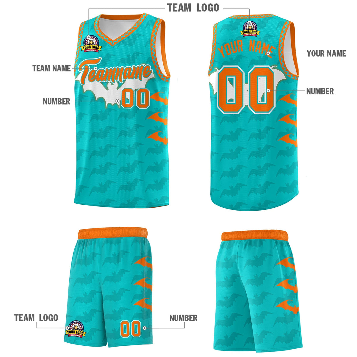 Custom Aqua Orange Bat Pattern Halloween Basketball Jersey | For Men,For Kid,For Youth,Sublimation Printed,Perfect for Training,Perfect for Parties,Add Name and Numbern | KXKSHOP