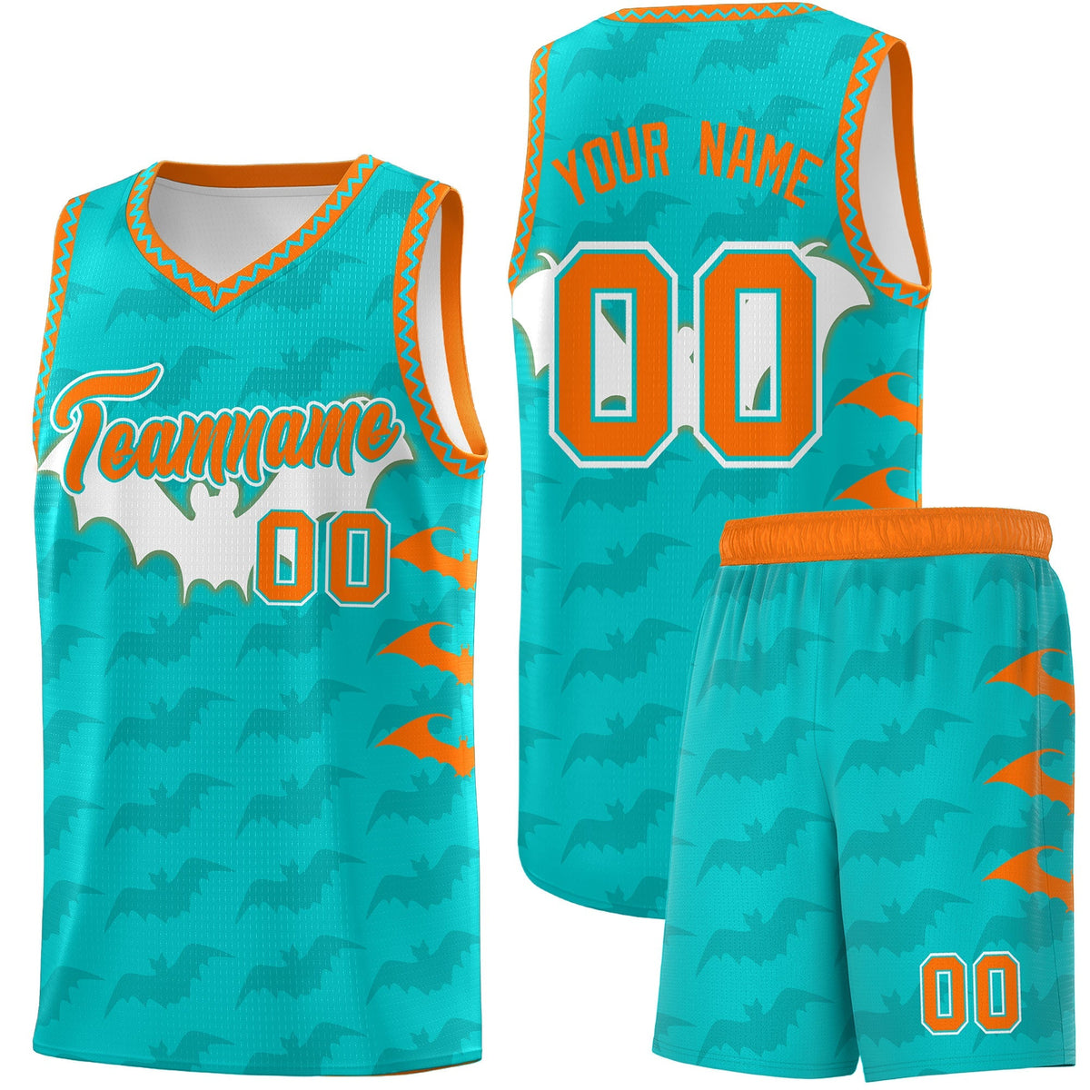 Custom Aqua Orange Bat Pattern Halloween Basketball Jersey | For Men,For Kid,For Youth,Sublimation Printed,Perfect for Training,Perfect for Parties,Add Name and Numbern | KXKSHOP