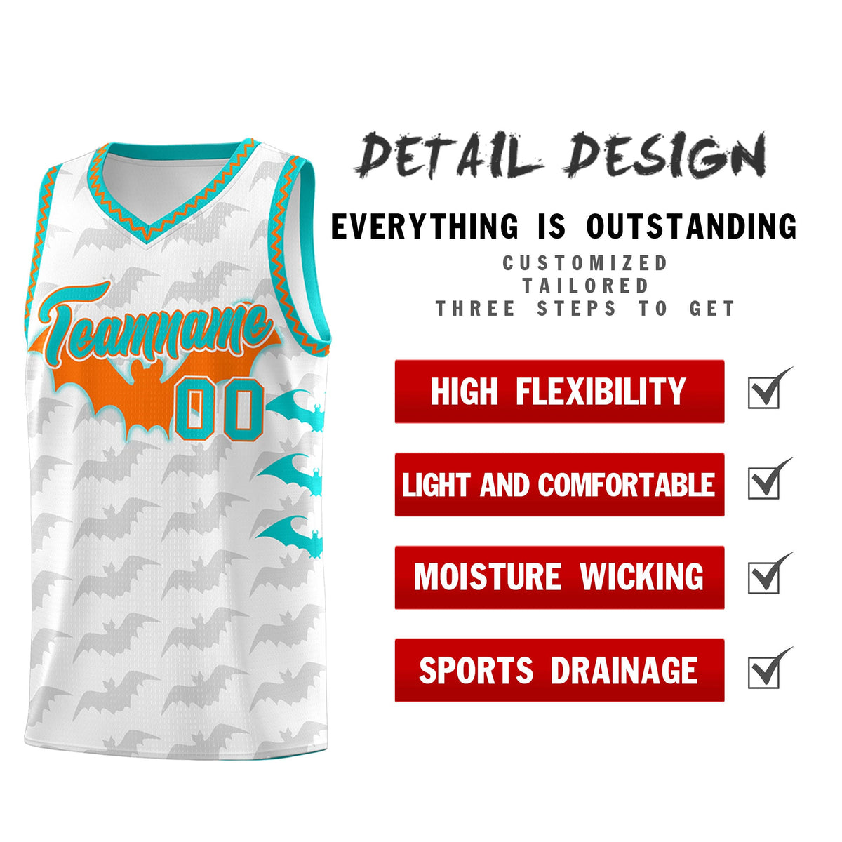 Custom White Orange Aqua Bat Pattern Halloween Basketball Jersey | For Men,For Kid,For Youth,Sublimation Printed,Perfect for Training,Perfect for Parties,Add Name and Numbern | KXKSHOP
