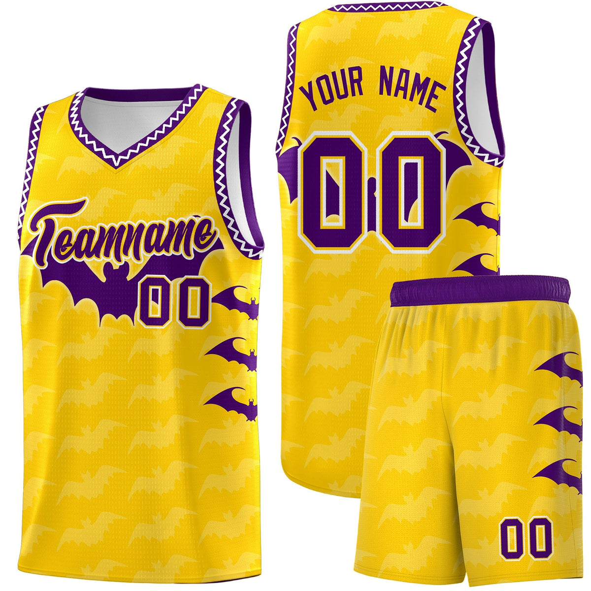 Custom Gold White Purple Bat Pattern Halloween Basketball Jersey | For Men,For Kid,For Youth,Sublimation Printed,Perfect for Training,Perfect for Parties,Add Name and Numbern | KXKSHOP